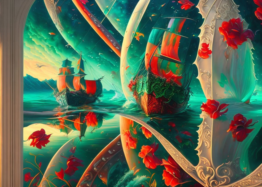 Colorful painting of tall ships sailing on serene waters with red flowers on sails