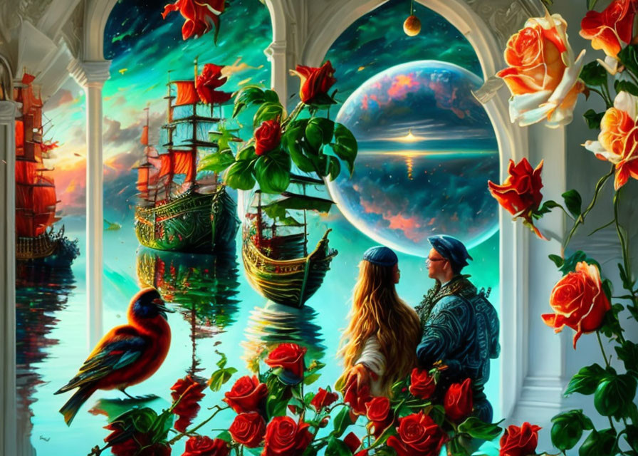 Fantasy seascape with ships, full moon, giant roses, and starry sky viewed by a