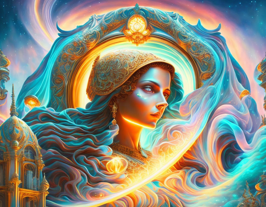 Colorful digital artwork: Woman with ornate headdress in celestial setting