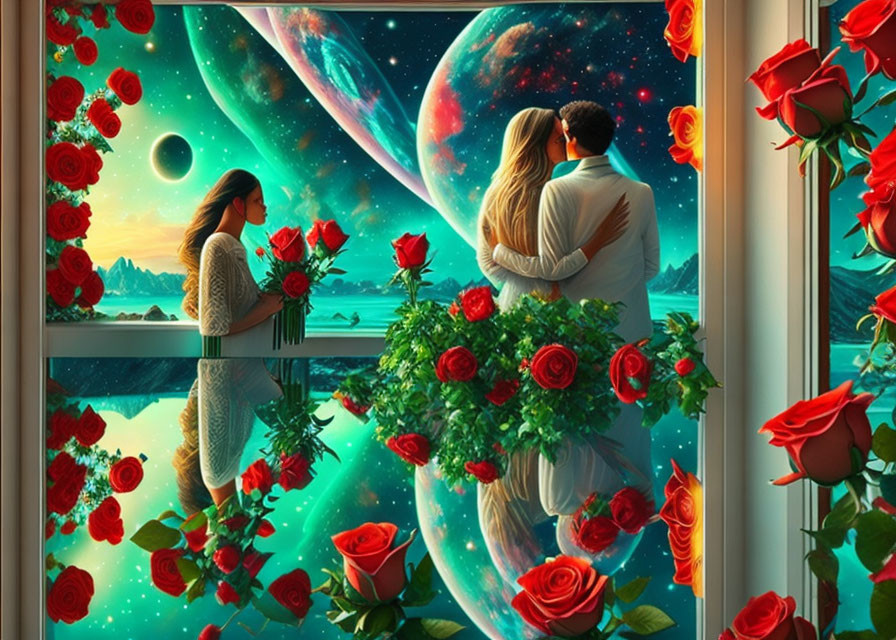 Couple by window with roses, surreal landscape with multiple planets visible