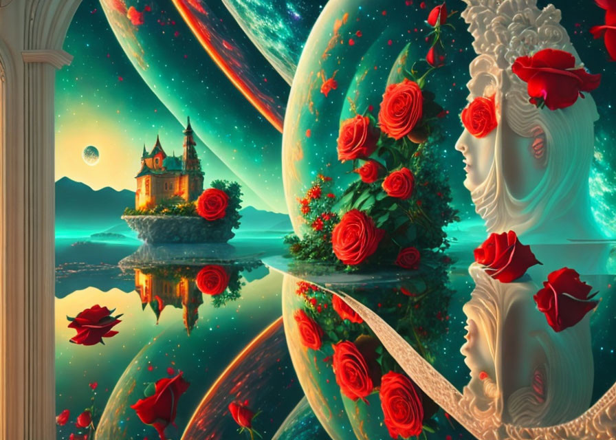 Surreal fantasy landscape with woman's profile, castle, planets, and starry sky reflected in