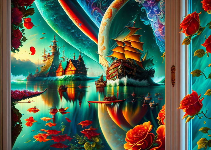 Colorful fantasy painting: ships, rainbow, blossoms, swirling sky