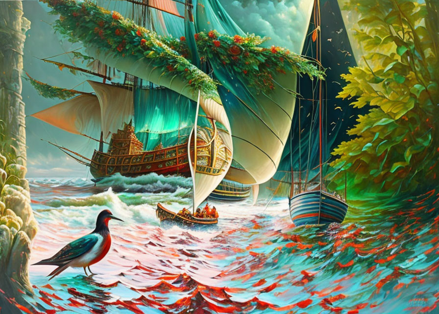 Fantastical painting of majestic sailing ship with greenery, rowboat, and bird on surreal sea