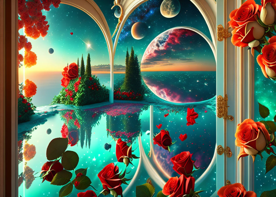 Arched window with outer space view and red roses reflection.