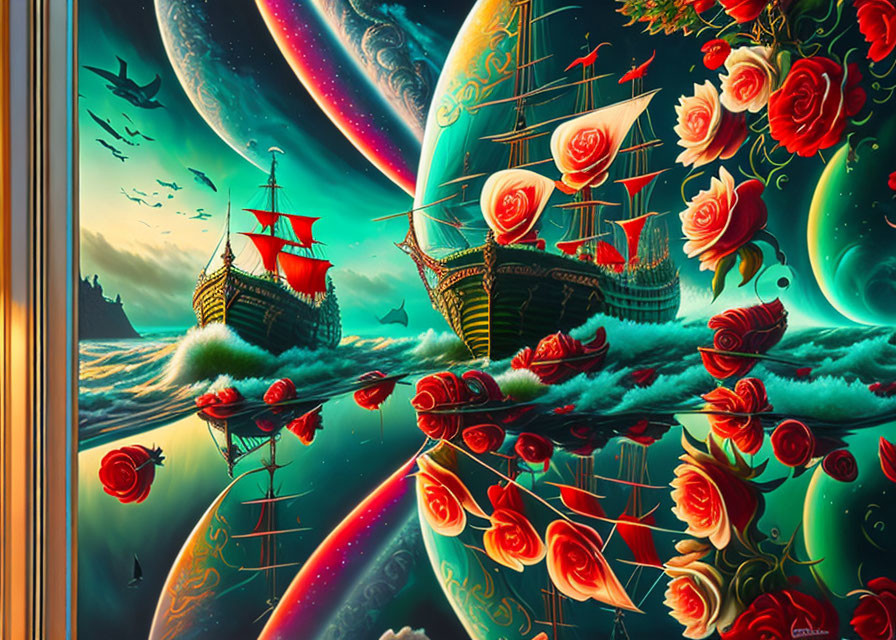 Surreal artwork: sailing ships, roses, celestial sky