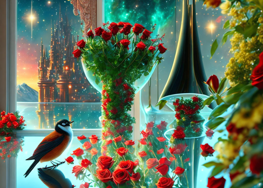 Bird on red roses vase overlooking fantastical city under starry sky through flower-framed window