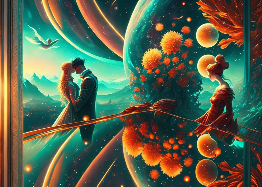 Colorful digital artwork: Couple in surreal cosmic setting with planets, flora, and fantastical landscapes.