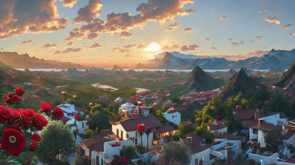 Scenic landscape with white houses, red flowers, green hills, and mountains at sunset