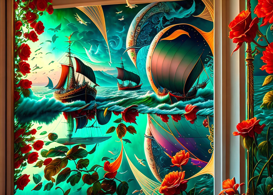 Colorful seascape painting with ships, roses, and foliage in ornate frame