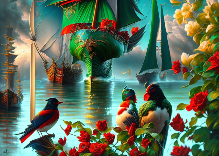 Colorful birds and sailing ships in serene seascape.