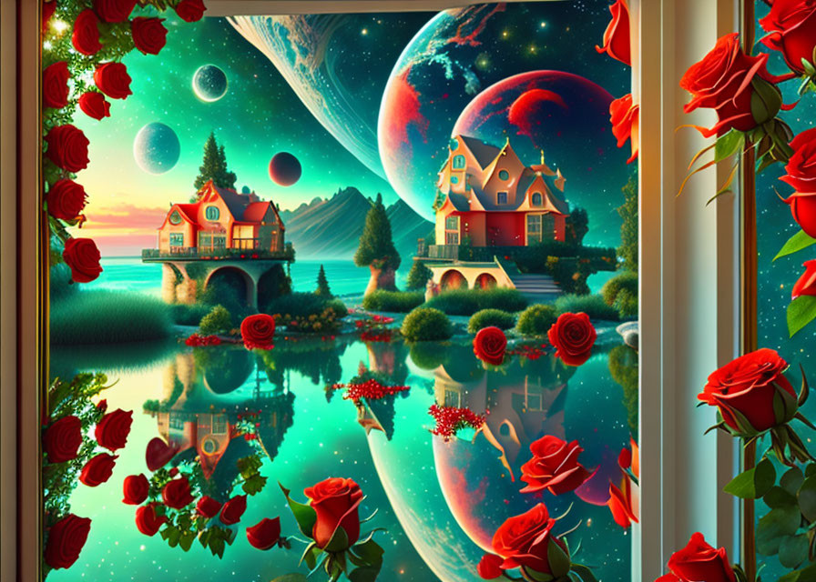 Victorian house by tranquil lake with moons and planets in surreal fantasy landscape