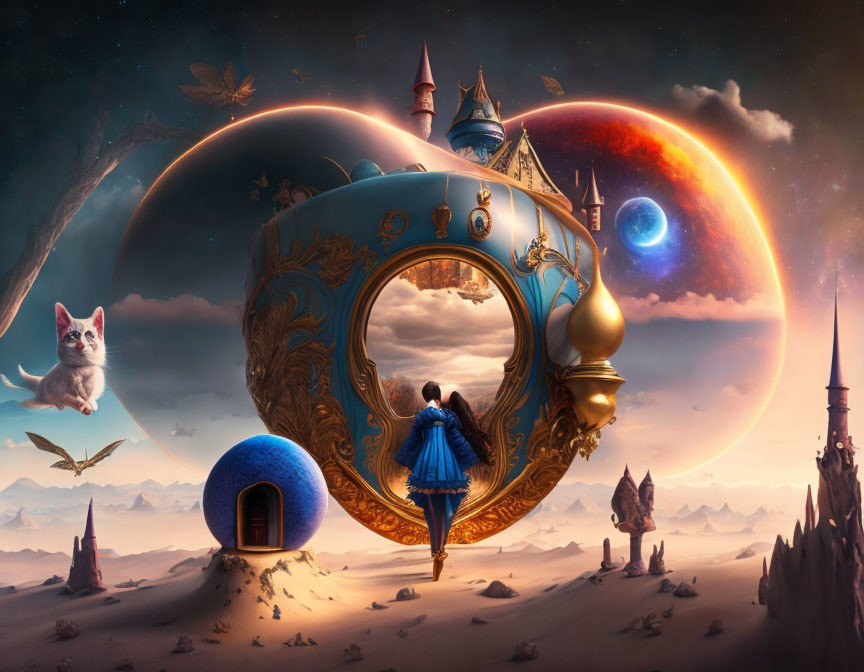 Person encounters ornate ring structure in surreal landscape with castles, floating cat, and celestial bodies