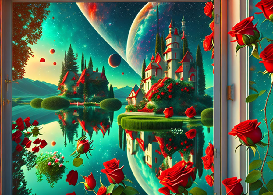 Fantasy landscape with castle, lush greenery, roses, serene lake, and cosmic sky.