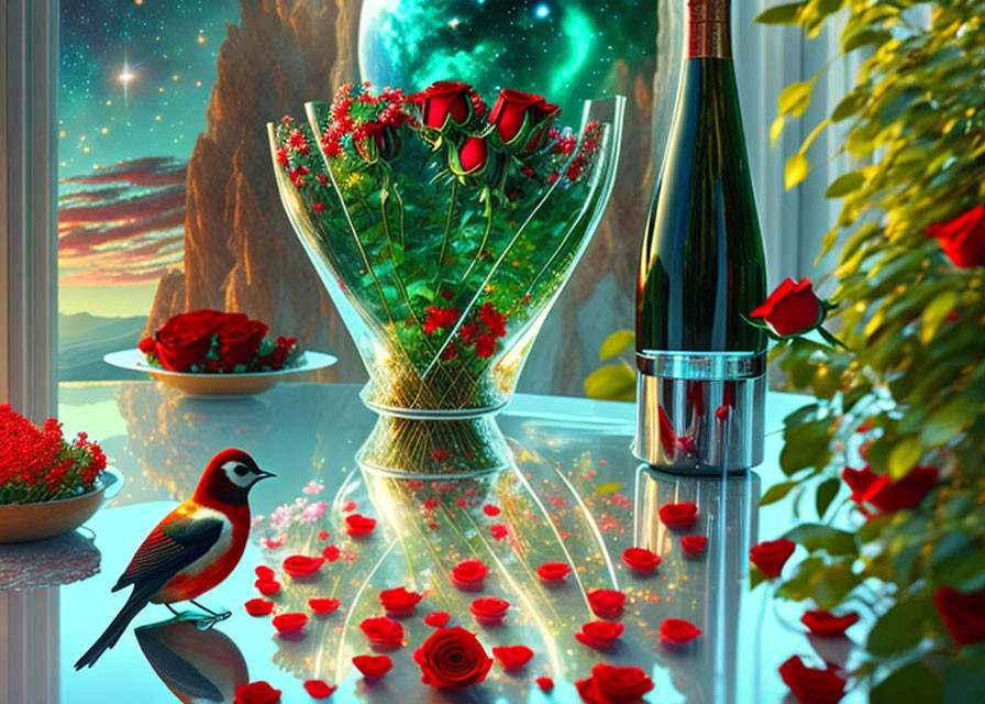 Colorful still life with red roses, wine bottle, and bird on windowsill overlooking cosmic landscape at