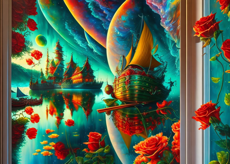 Colorful Fantasy Painting: Ships on Mirrored Water, Cosmic Sky, Planets, and Blooming