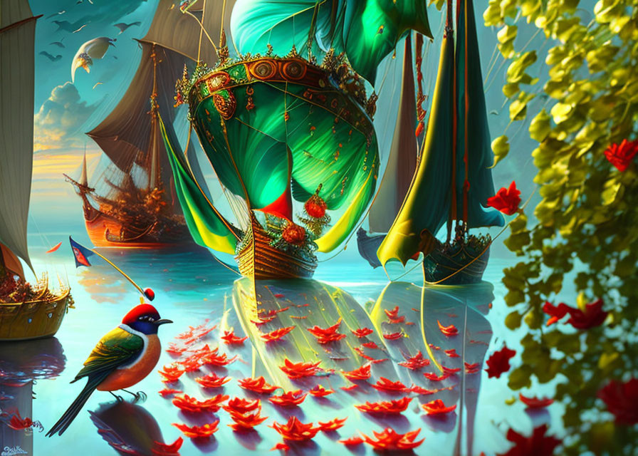 Majestic robed figure in vibrant fantasy scene with bird, ships, red leaves, and lush