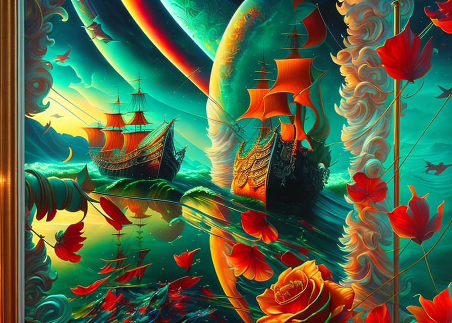 Vibrant red flowers on water with sailing galleon under rainbow