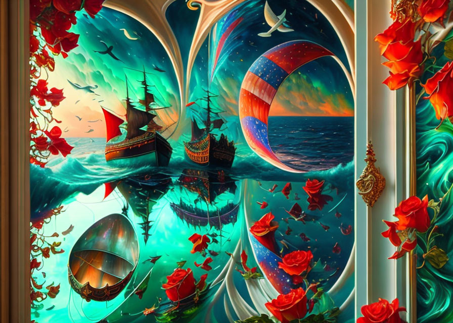 Ocean scene with ships, surreal sunset, roses, and fantasy elements in curved frames