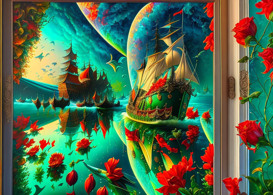 Colorful fantasy artwork: Ships on calm sea under blue-green sky, surrounded by red flowers and open