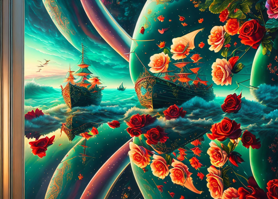 Fantasy artwork: ships, clouds, giant roses, colorful skies