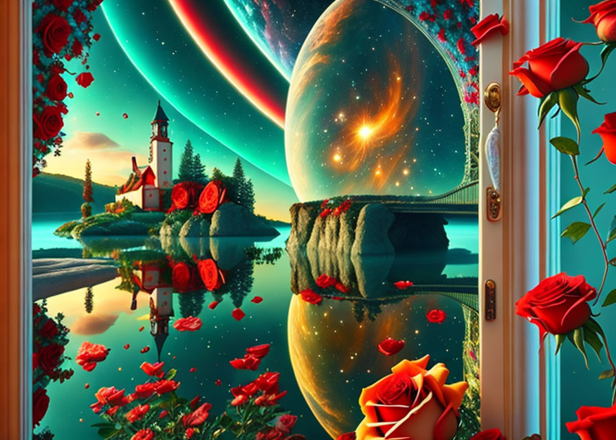 Fantastical landscape with lighthouse, bridge, and galaxies viewed from a window