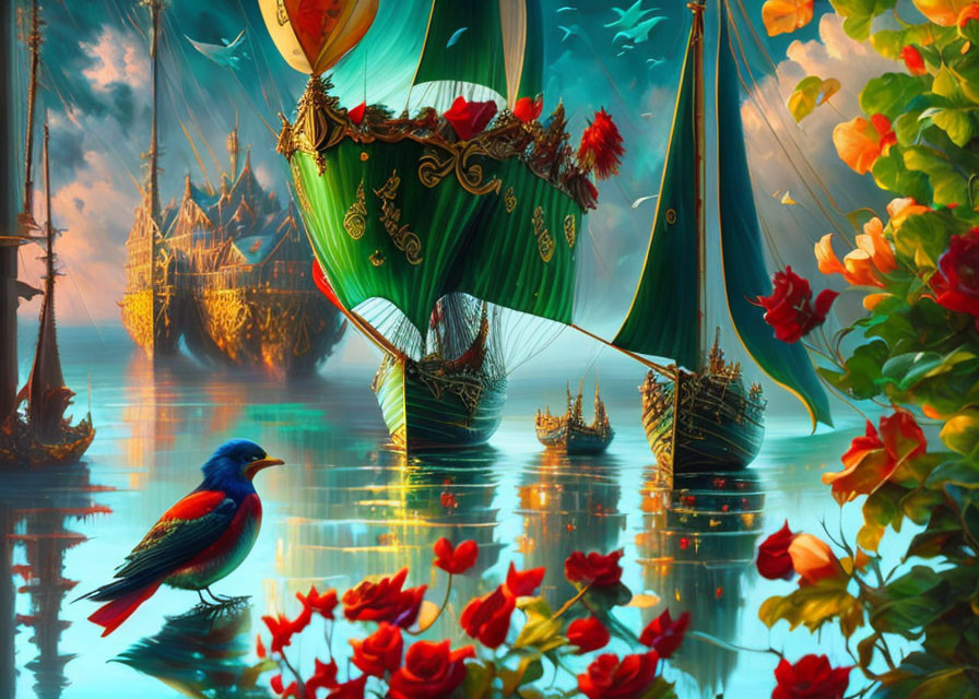 Vibrant fantasy scene: ornate ships, calm waters, blooming roses, vivid bird