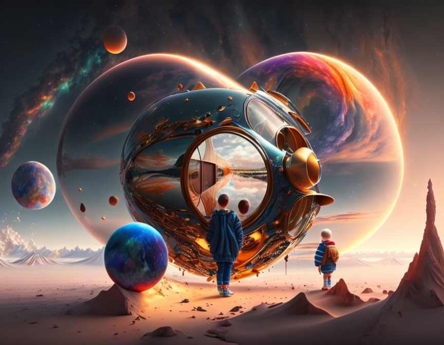 Futuristic scene: Two figures near spherical spaceship on alien planet