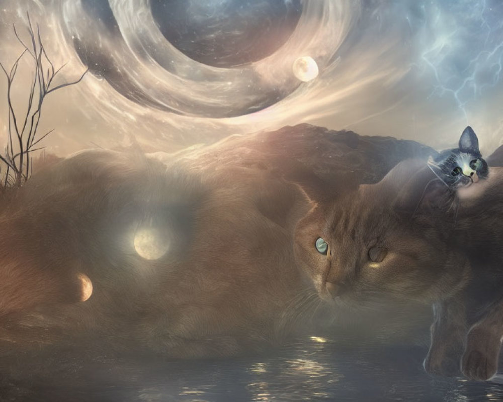 Surreal landscape with giant cat faces, planets, lightning, and celestial atmosphere