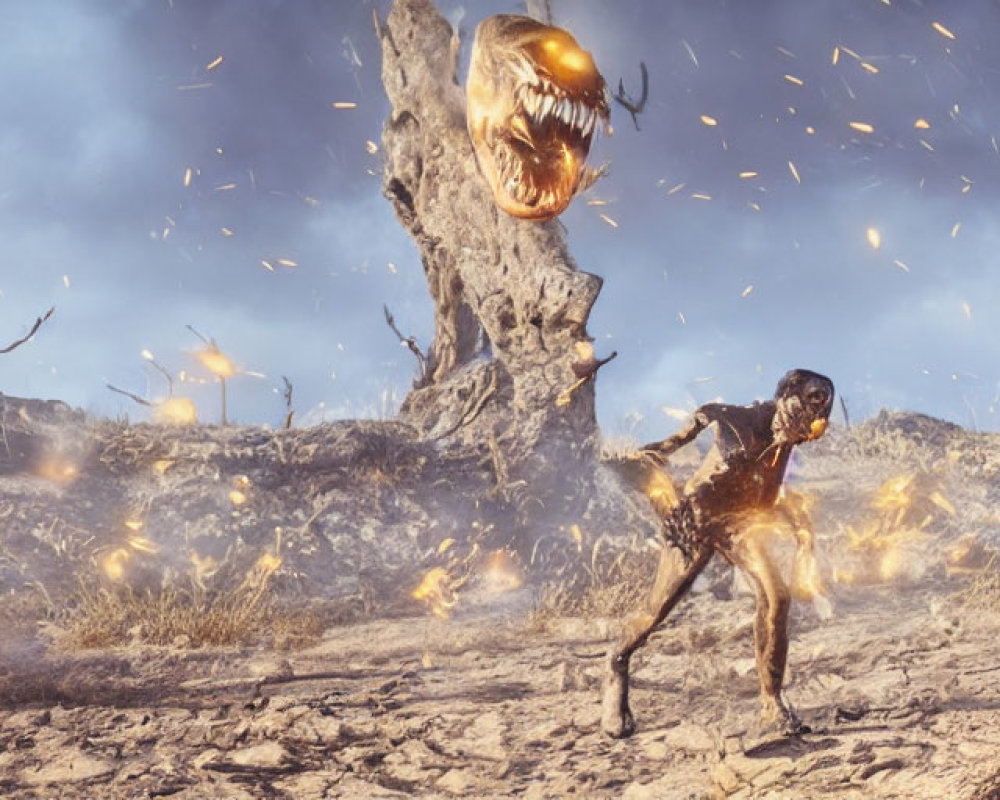 Distorted humanoid figures face fiery entity in desolate landscape