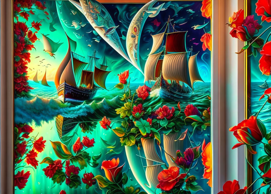 Surreal painting of ships, fish, and flowers on wavy sea