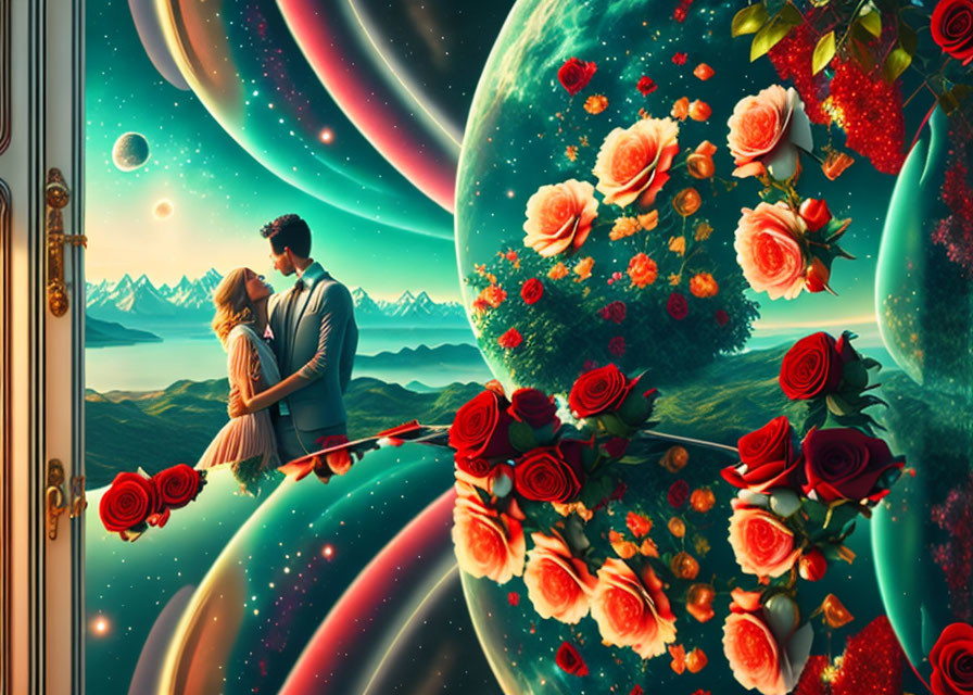 Embracing couple in surreal landscape with vibrant elements