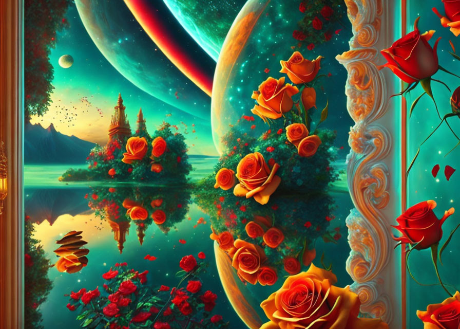 Fantasy landscape with roses, serene lake, whimsical architecture.