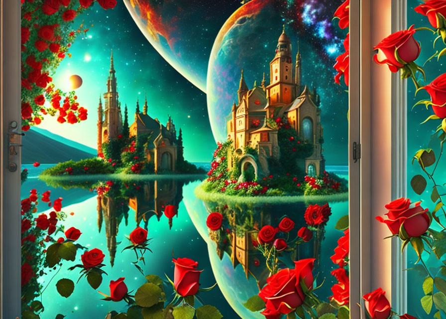 Fantasy castle on lake with giant planets, roses, and colorful sky