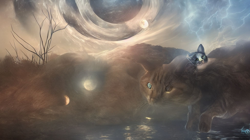 Surreal landscape with giant cat faces, planets, lightning, and celestial atmosphere