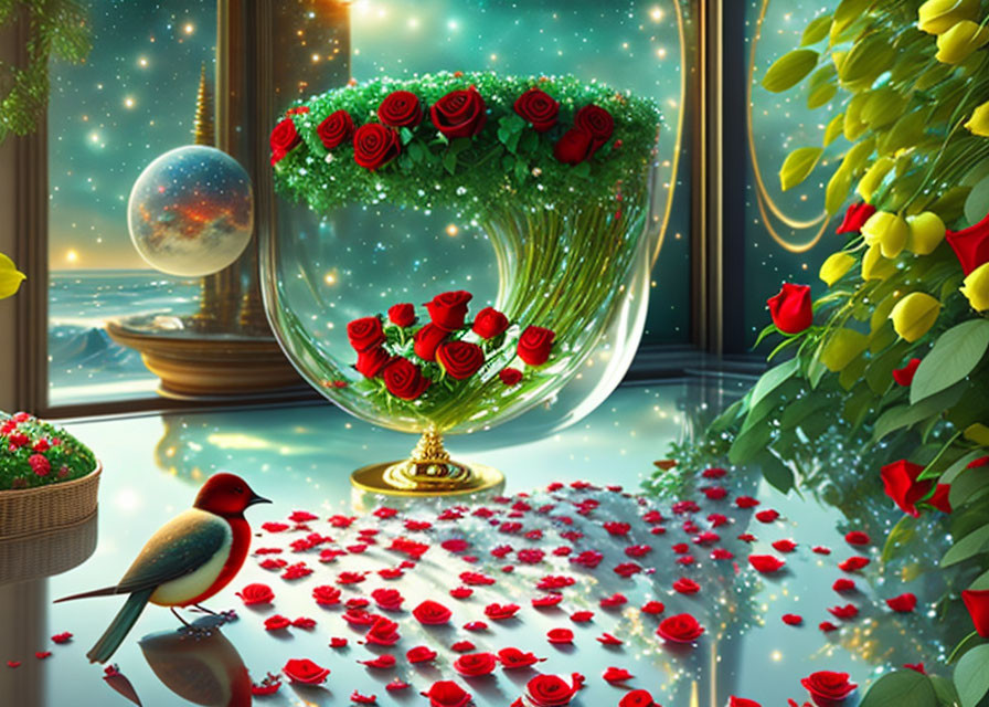 Surreal image: Glass vase, roses, bird, cosmic backdrop