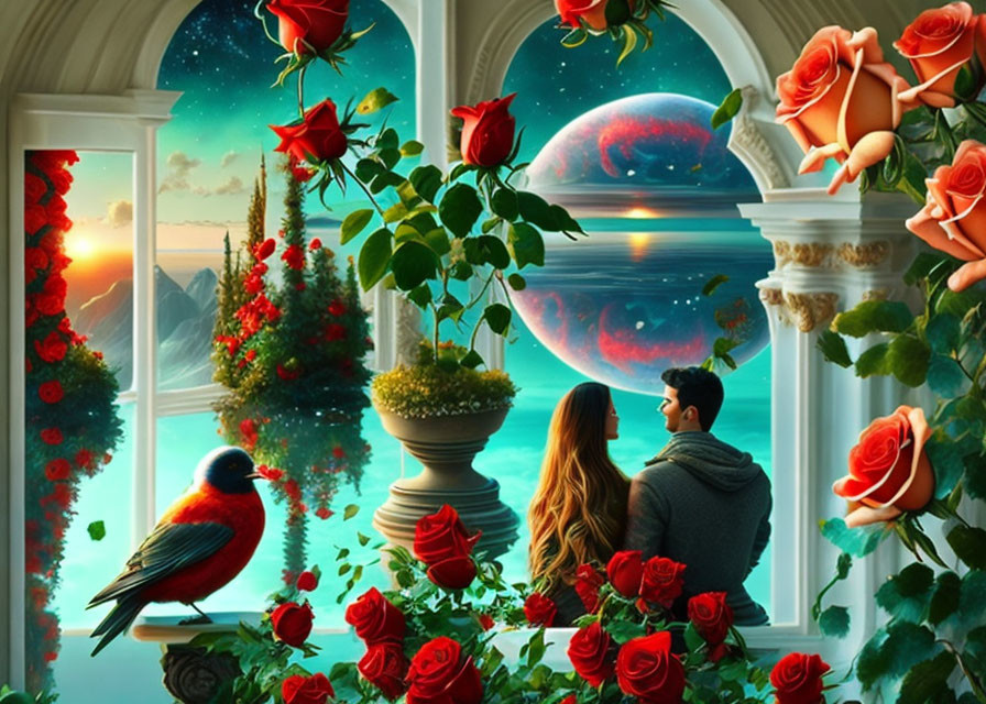 Couple admires cosmic landscape with giant planet and vibrant roses.