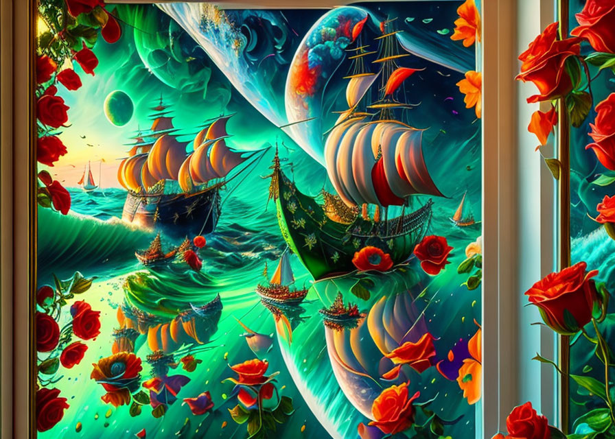 Surreal sailing ships art with celestial bodies and roses