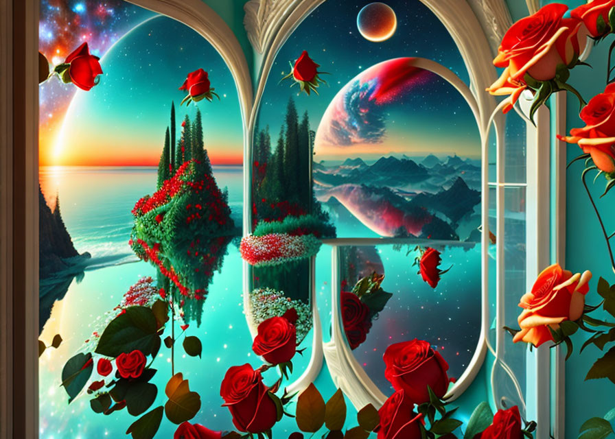 Surreal arched window view of fantastical landscape