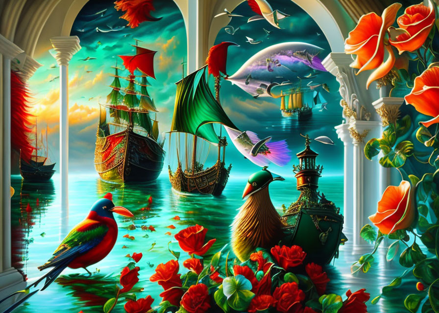 Vibrant fantasy seascape with sailing ships, flying fish, birds, roses, and ocean views