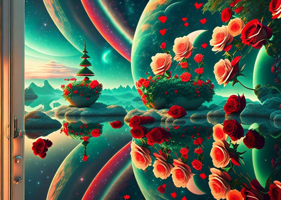 Colorful Fantasy Landscape with Floating Islands and Planets