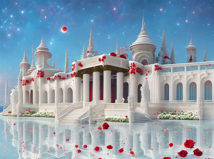 Fantastical palace with white towers and arches by water under a red moon