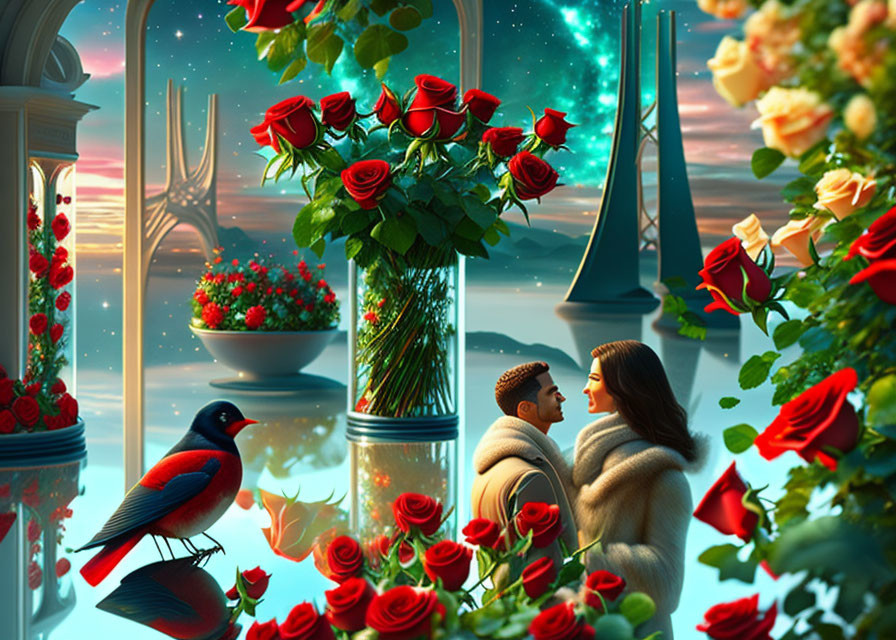 Romantic couple in fantastical garden with red roses and futuristic towers