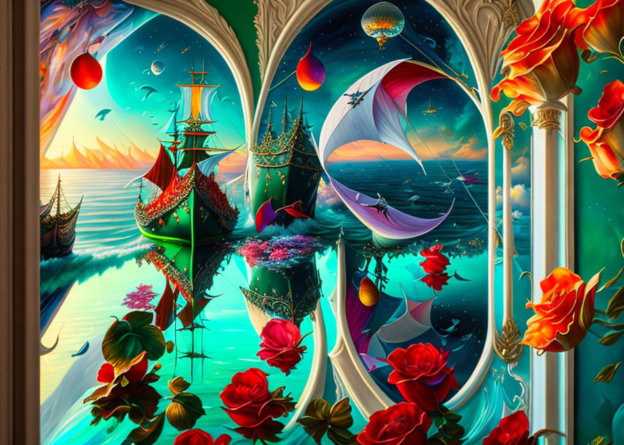 Colorful surrealist landscape with ships, flowers, arches, sun, and planets