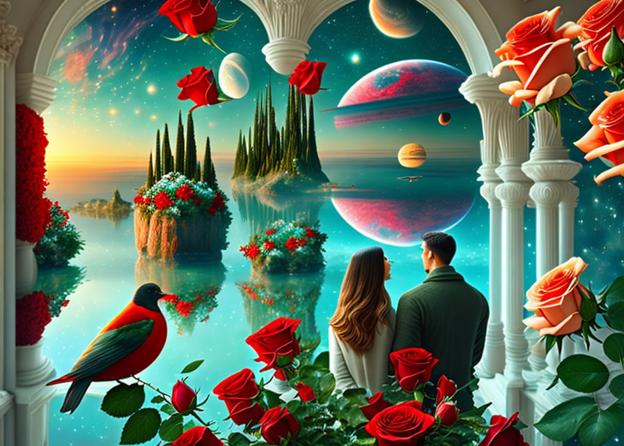 Couple admires surreal landscape with planets, flowers, and bird.