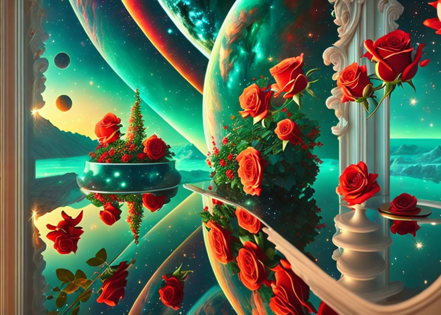 Fantastical scene with red roses on white balustrade and cosmic landscape.