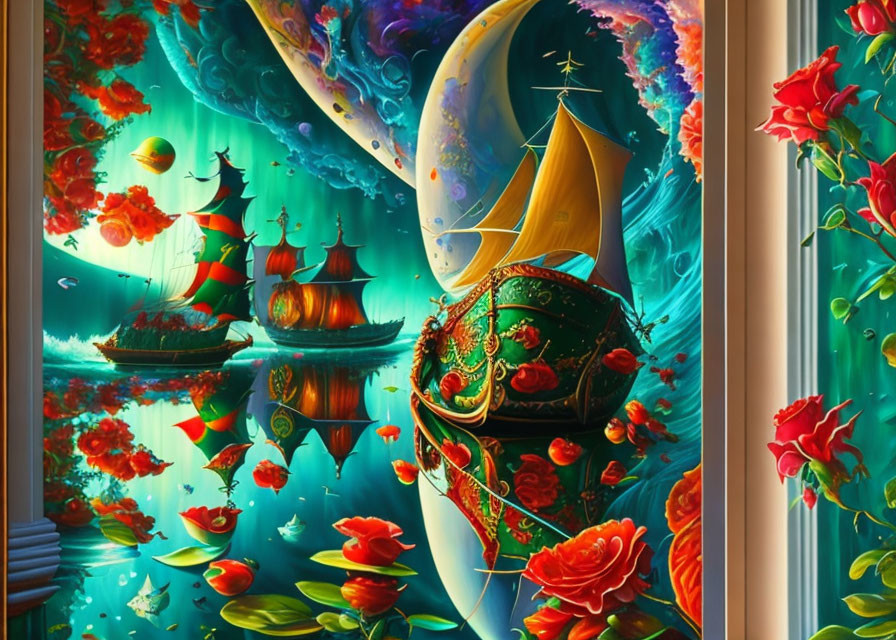 Fantastical painting: Ornate ships on turquoise sea, swirling skies, red flowers, marine life