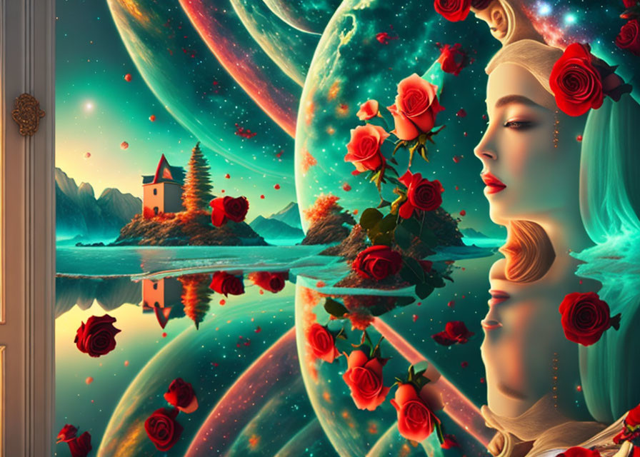 Surreal portrait of a woman with roses in hair in fantastical landscape