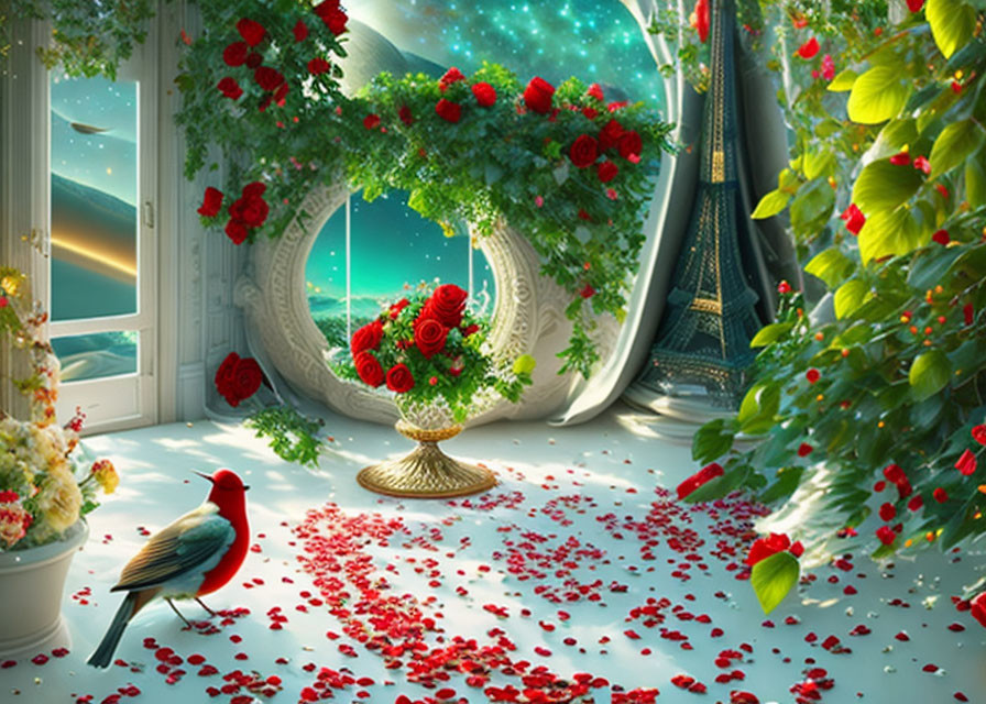 Colorful Bird in Fantastical Room with Round Window and Red Roses