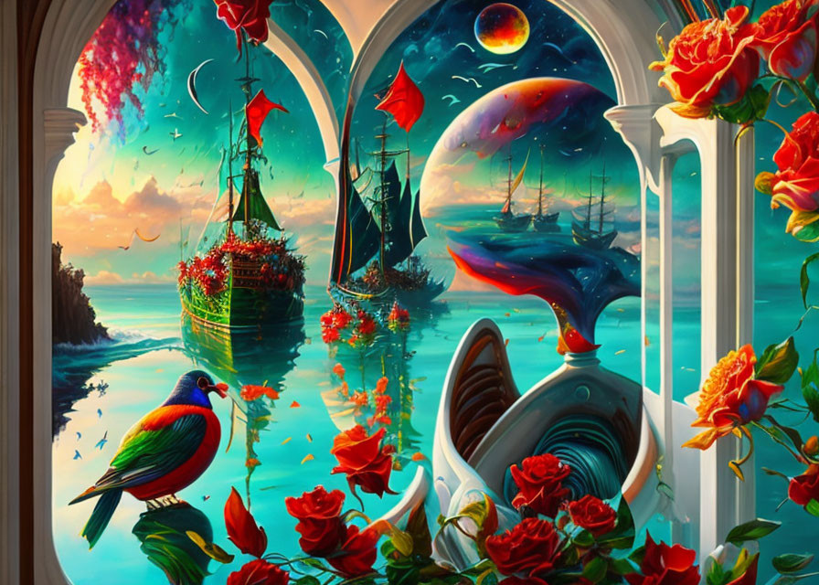 Colorful surreal seascape with ships, planets, whale-shaped boat, roses, and bird near ar