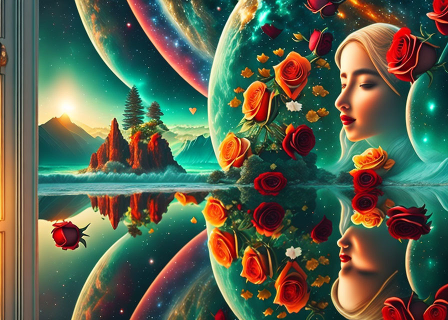 Surreal artwork of serene woman with roses in hair against cosmic backdrop